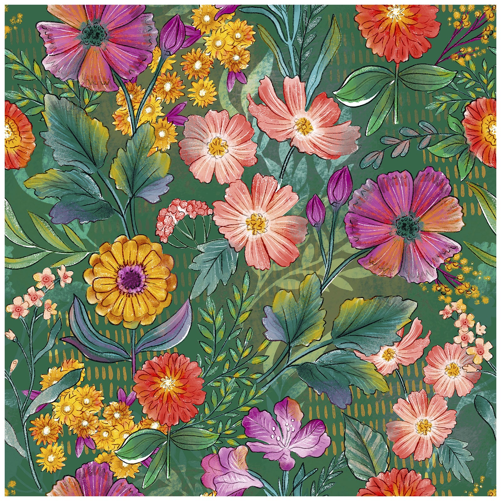 HaokHome Vibrant Botanical Floral Wallpaper Mixed Blooms in Bold Colors on Dark Green Background