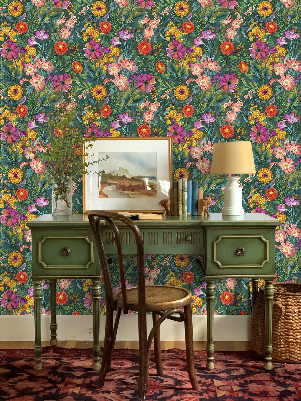 HaokHome Vibrant Botanical Floral Wallpaper Mixed Blooms in Bold Colors on Dark Green Background