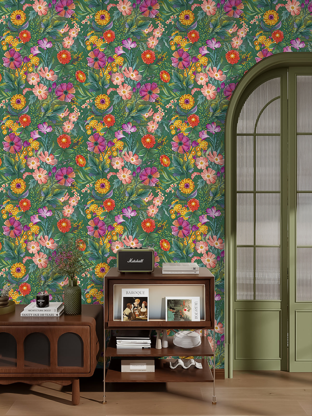 HaokHome Vibrant Botanical Floral Wallpaper Mixed Blooms in Bold Colors on Dark Green Background