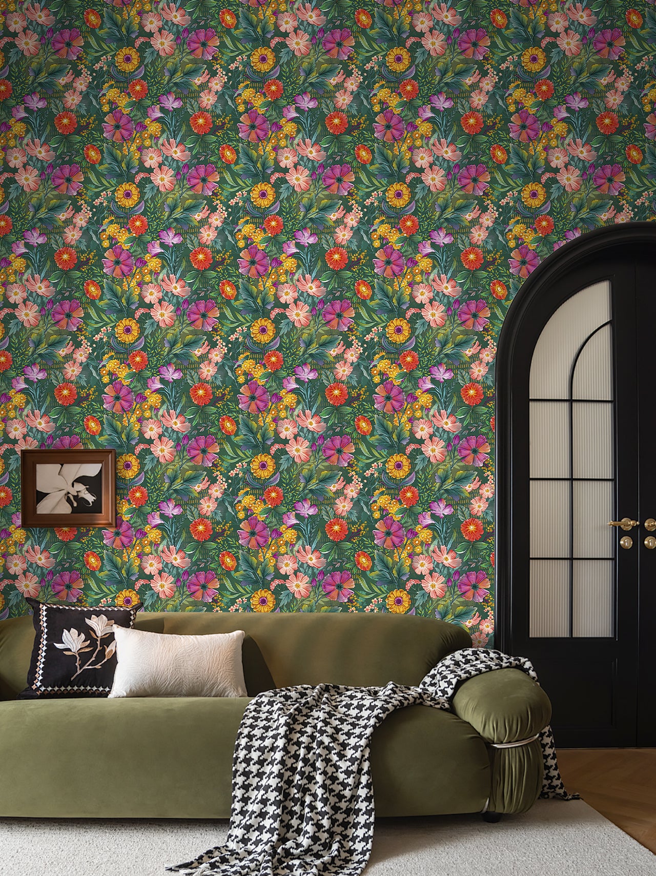HaokHome Vibrant Botanical Floral Wallpaper Mixed Blooms in Bold Colors on Dark Green Background