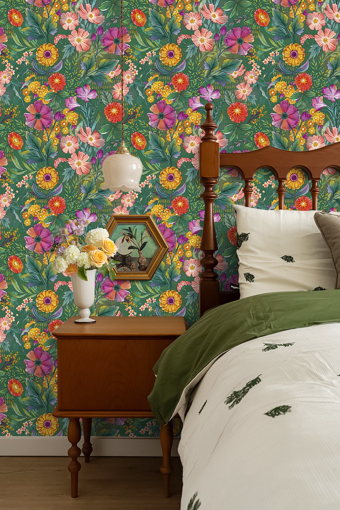 HaokHome Vibrant Botanical Floral Wallpaper Mixed Blooms in Bold Colors on Dark Green Background