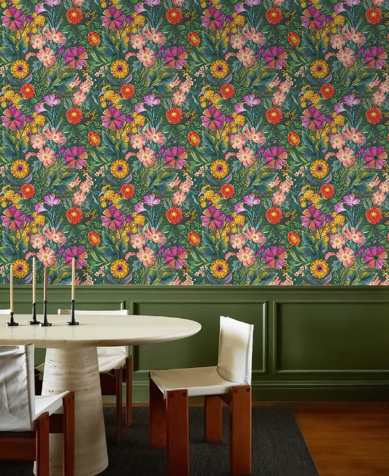 HaokHome Vibrant Botanical Floral Wallpaper Mixed Blooms in Bold Colors on Dark Green Background
