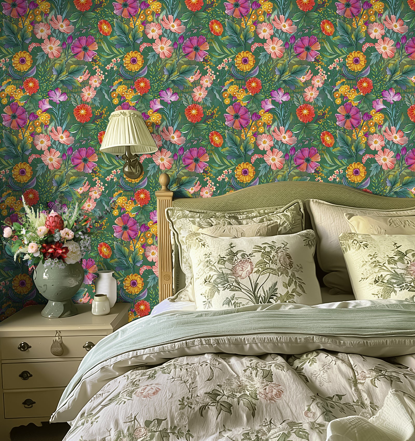 HaokHome Vibrant Botanical Floral Wallpaper Mixed Blooms in Bold Colors on Dark Green Background