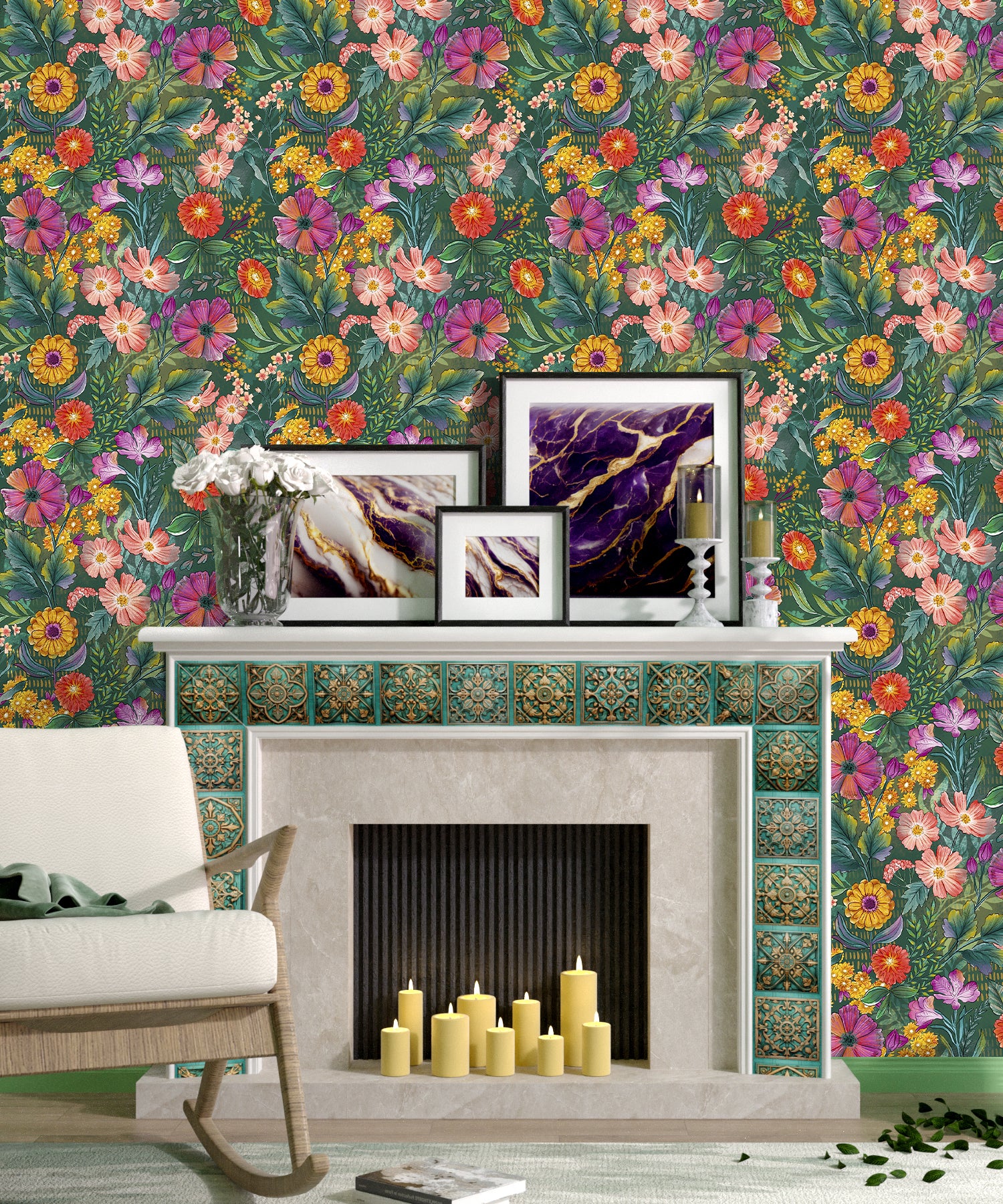 HaokHome Vibrant Botanical Floral Wallpaper Mixed Blooms in Bold Colors on Dark Green Background