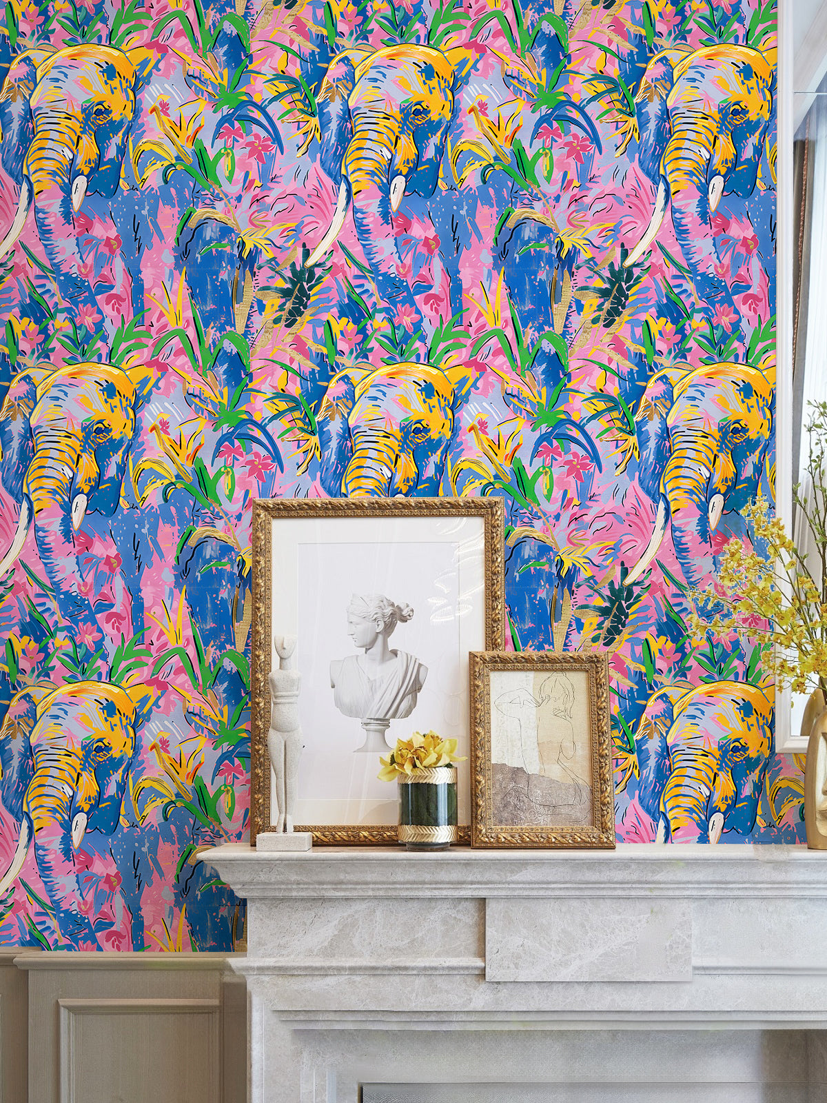 HaokHome Vibrant Elephant and Tropical Floral Wallpaper Bold Pink, Yellow, and Blue Abstract Art Design