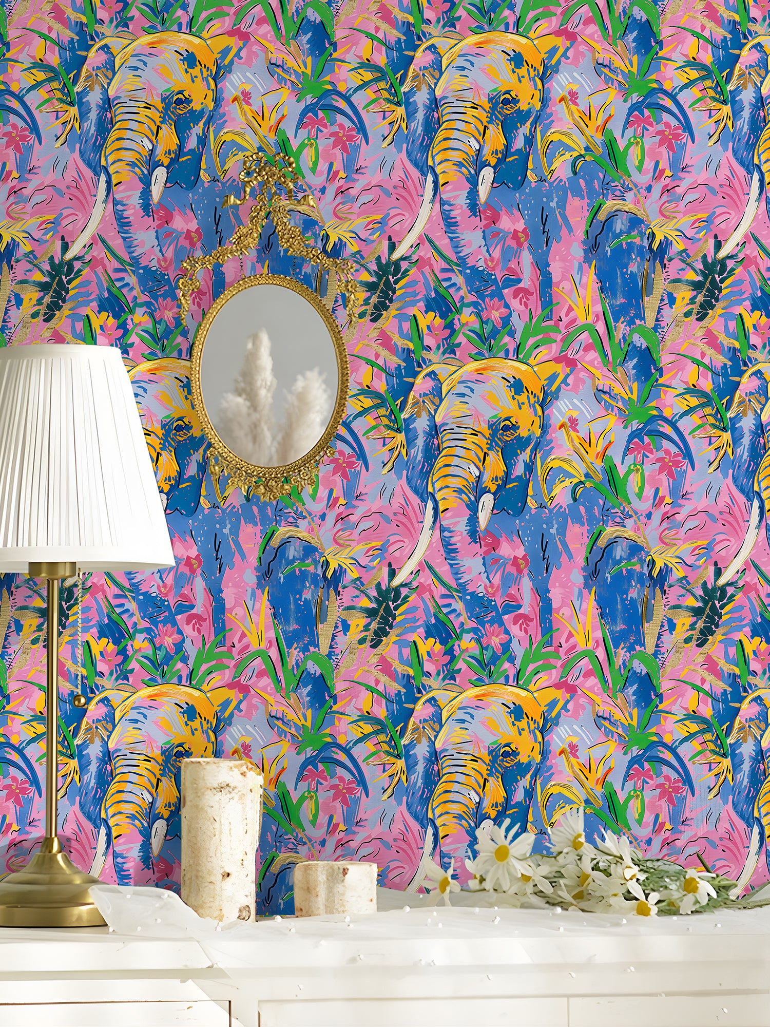 HaokHome Vibrant Elephant and Tropical Floral Wallpaper Bold Pink, Yellow, and Blue Abstract Art Design