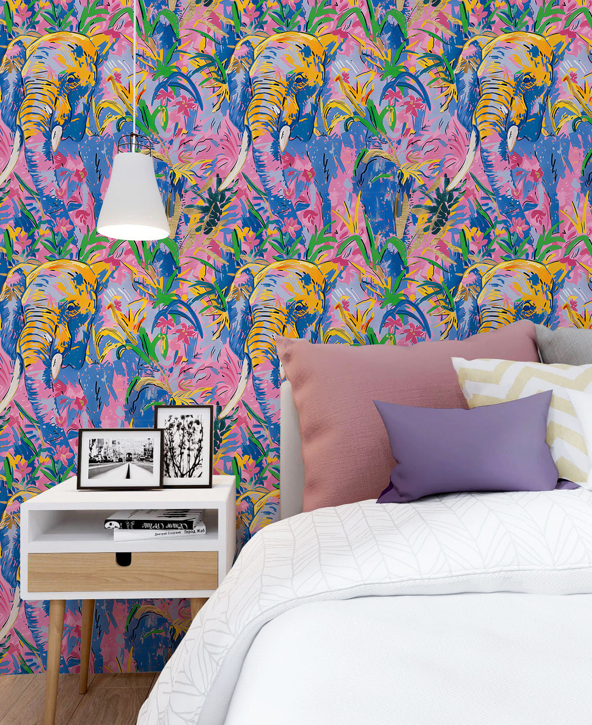 HaokHome Vibrant Elephant and Tropical Floral Wallpaper Bold Pink, Yellow, and Blue Abstract Art Design
