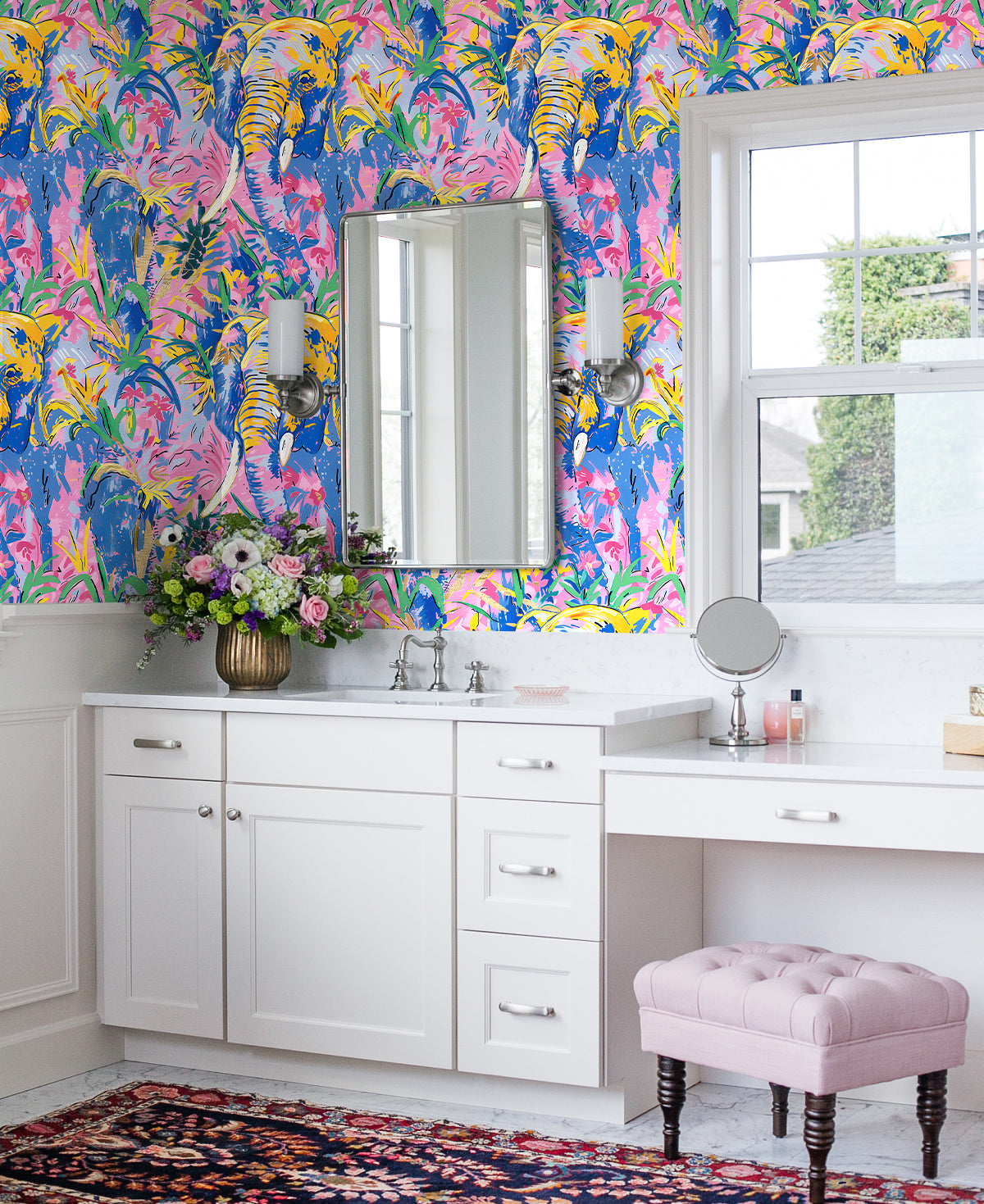 HaokHome Vibrant Elephant and Tropical Floral Wallpaper Bold Pink, Yellow, and Blue Abstract Art Design