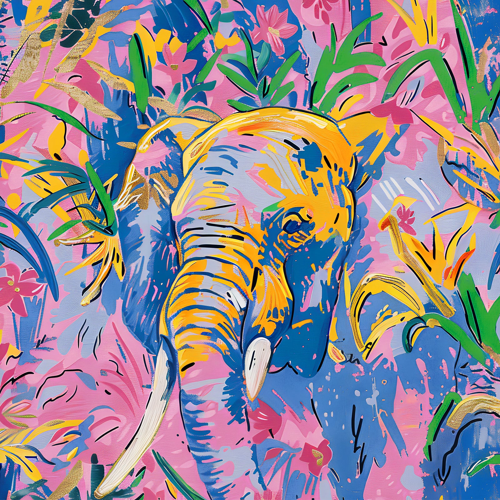 HaokHome Vibrant Elephant and Tropical Floral Wallpaper Bold Pink, Yellow, and Blue Abstract Art Design