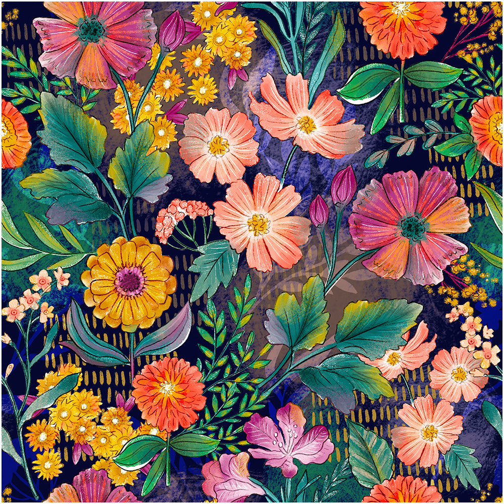 HaokHome Vibrant Floral Garden Wallpaper Colorful Blooms on Deep Navy Background