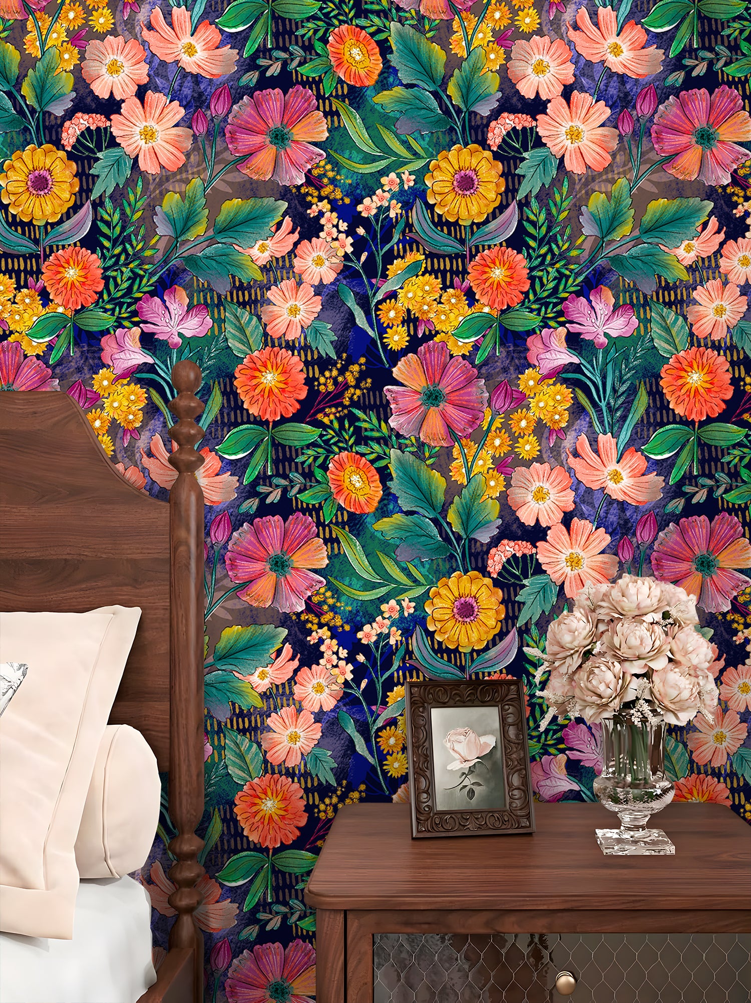 HaokHome Vibrant Floral Garden Wallpaper Colorful Blooms on Deep Navy Background