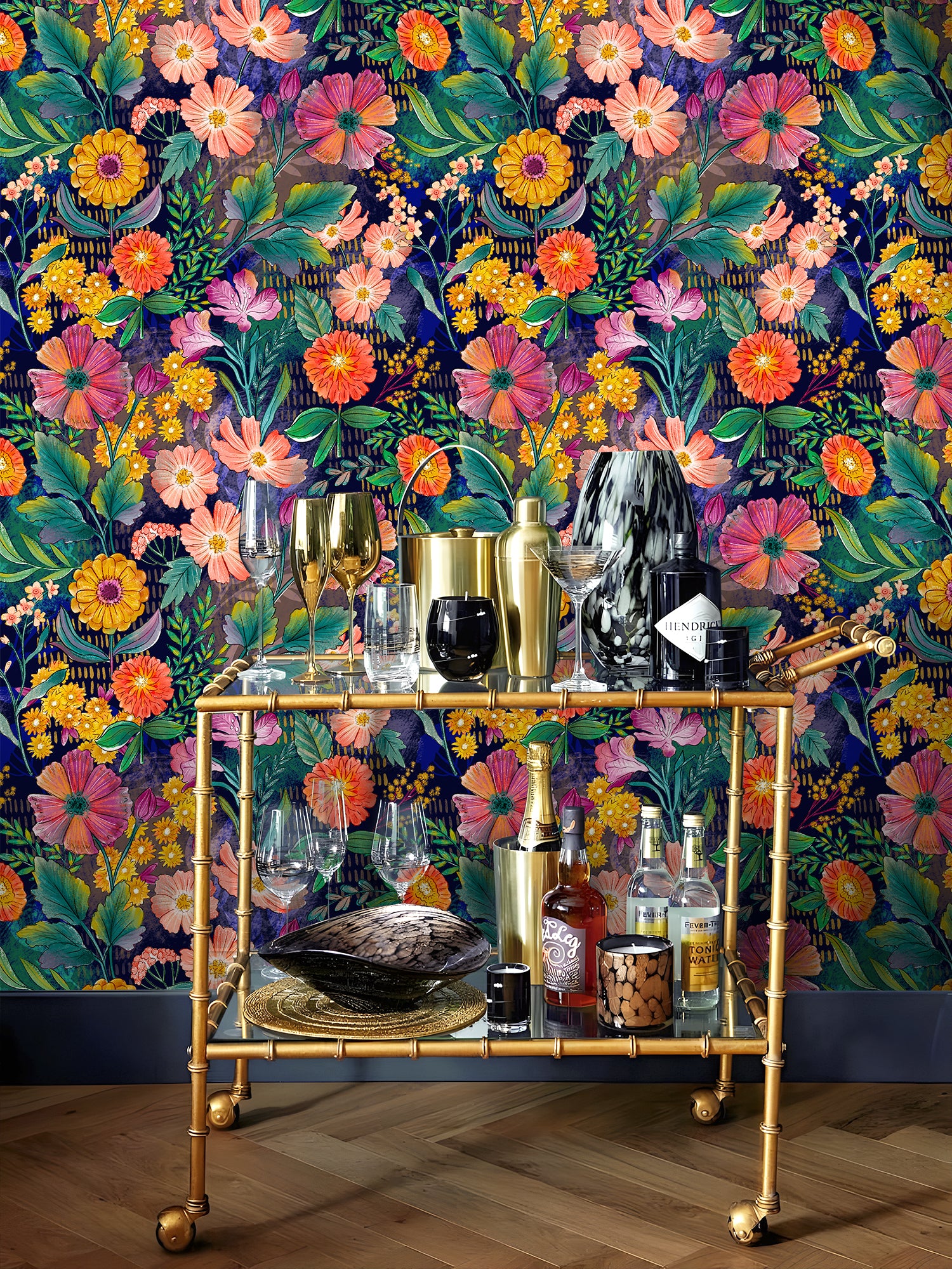 HaokHome Vibrant Floral Garden Wallpaper Colorful Blooms on Deep Navy Background