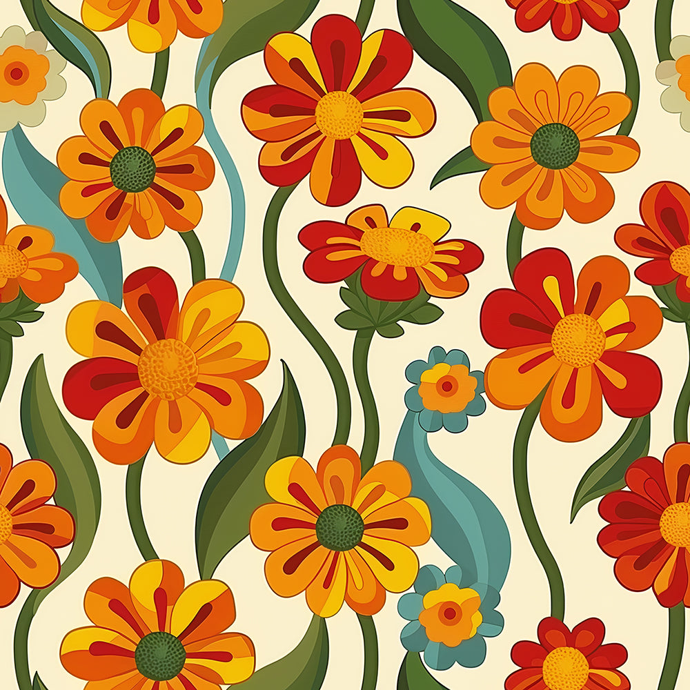 HaokHome Vibrant Retro Flower Power Wallpaper Bold Floral & Geometric Design