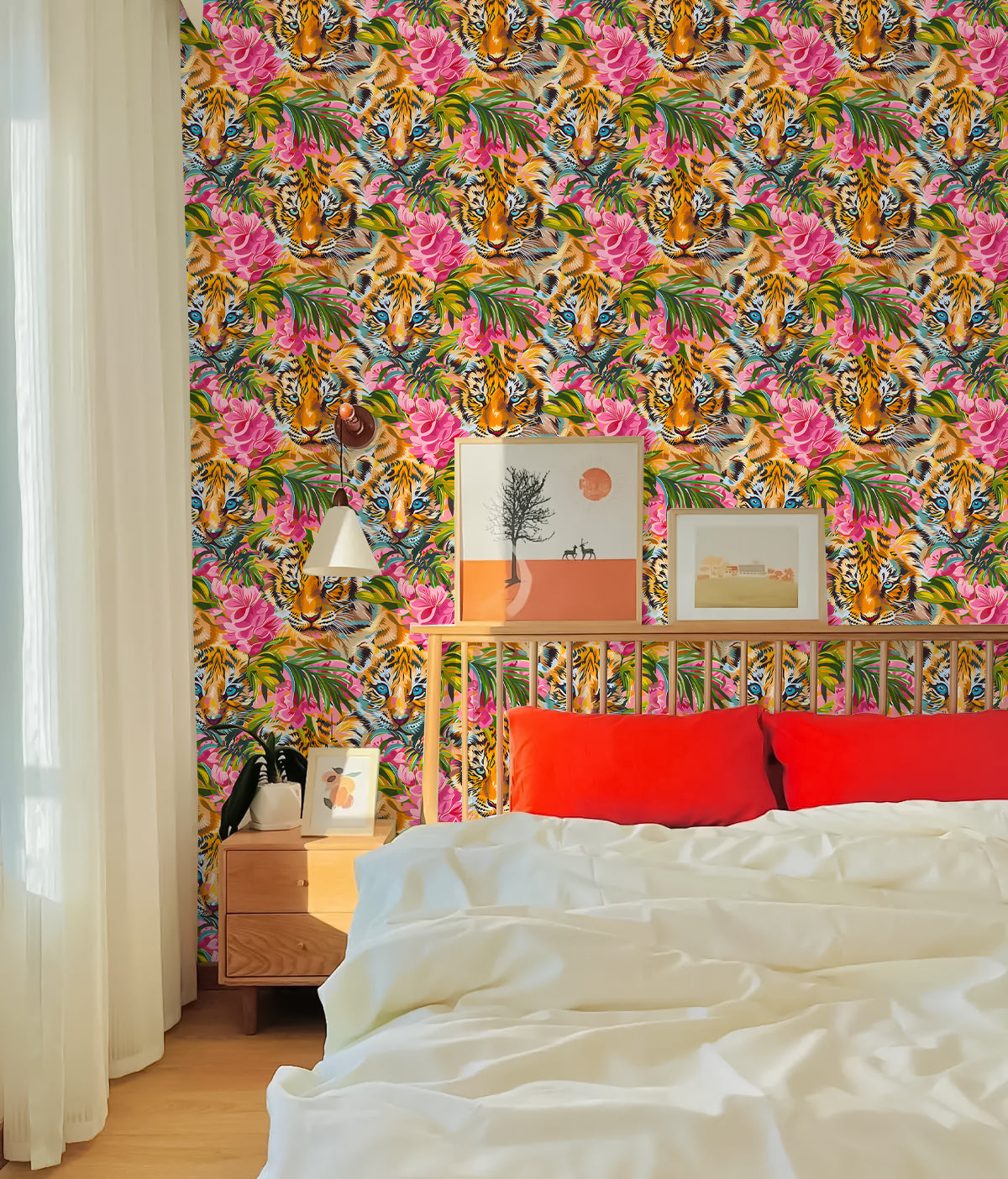 HaokHome Vibrant Tiger and Tropical Flower Wallpaper Bold, Colorful Design with Pink Florals and Lush Leaves