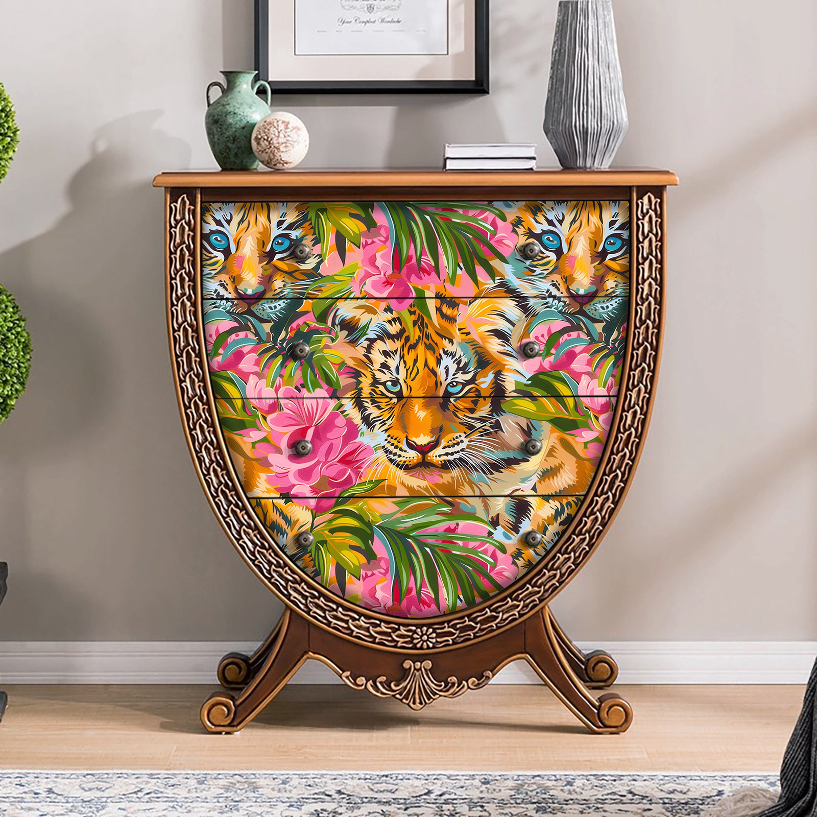 HaokHome Vibrant Tiger and Tropical Flower Wallpaper Bold, Colorful Design with Pink Florals and Lush Leaves