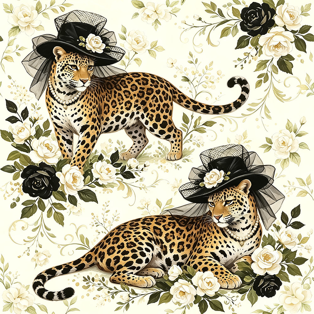 HaokHome Victorian Leopard with Black Hat Floral Peel and Stick Wallpaper, Whimsical Cream White Botanical Wall Covering