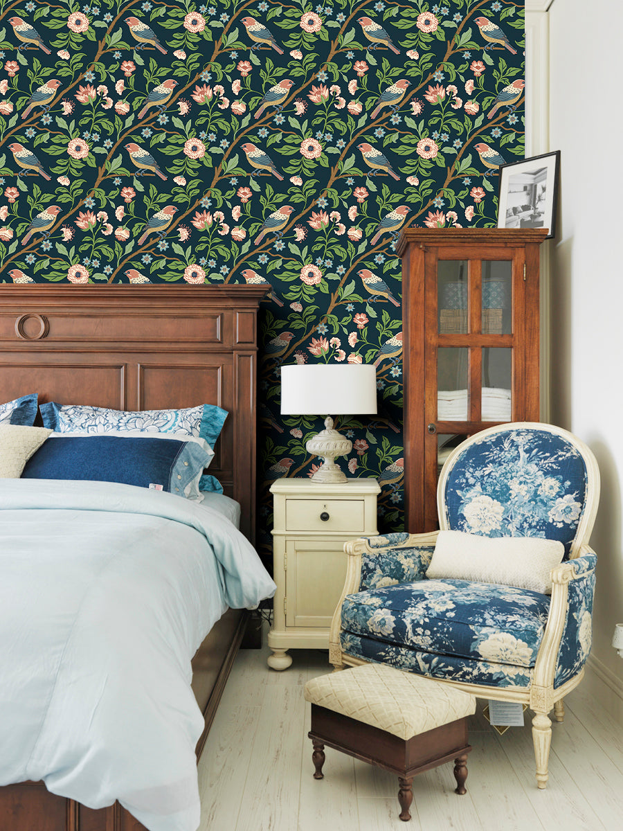 HaokHome Vintage Bird and Floral Wallpaper Dark Background with Birds, Branches, and Delicate Blooms