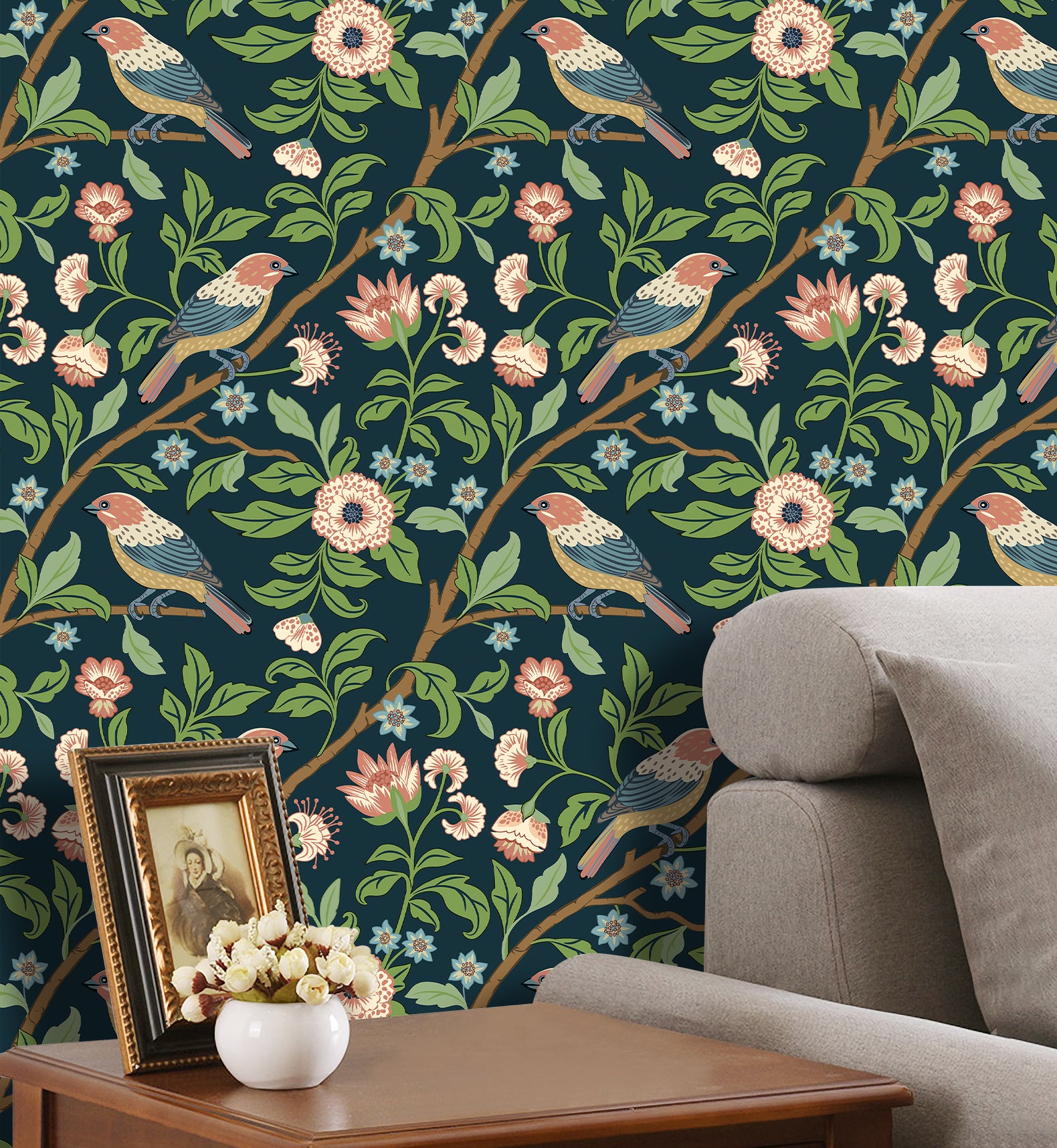 HaokHome Vintage Bird and Floral Wallpaper Dark Background with Birds, Branches, and Delicate Blooms