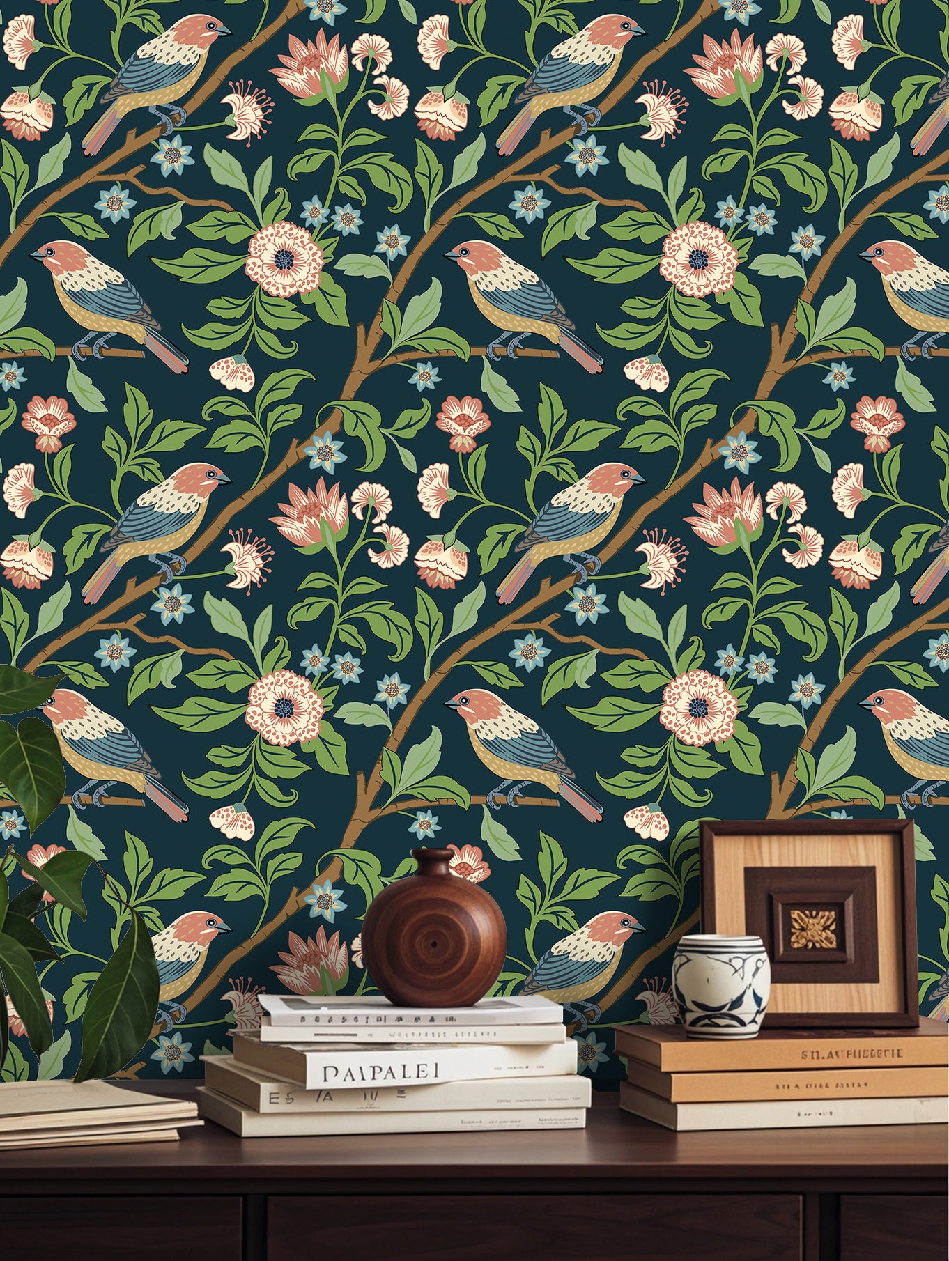 HaokHome Vintage Bird and Floral Wallpaper Dark Background with Birds, Branches, and Delicate Blooms