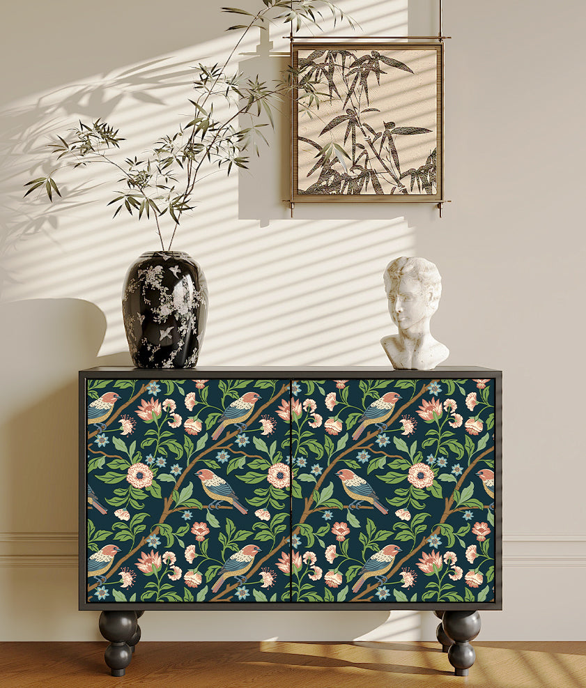 HaokHome Vintage Bird and Floral Wallpaper Dark Background with Birds, Branches, and Delicate Blooms