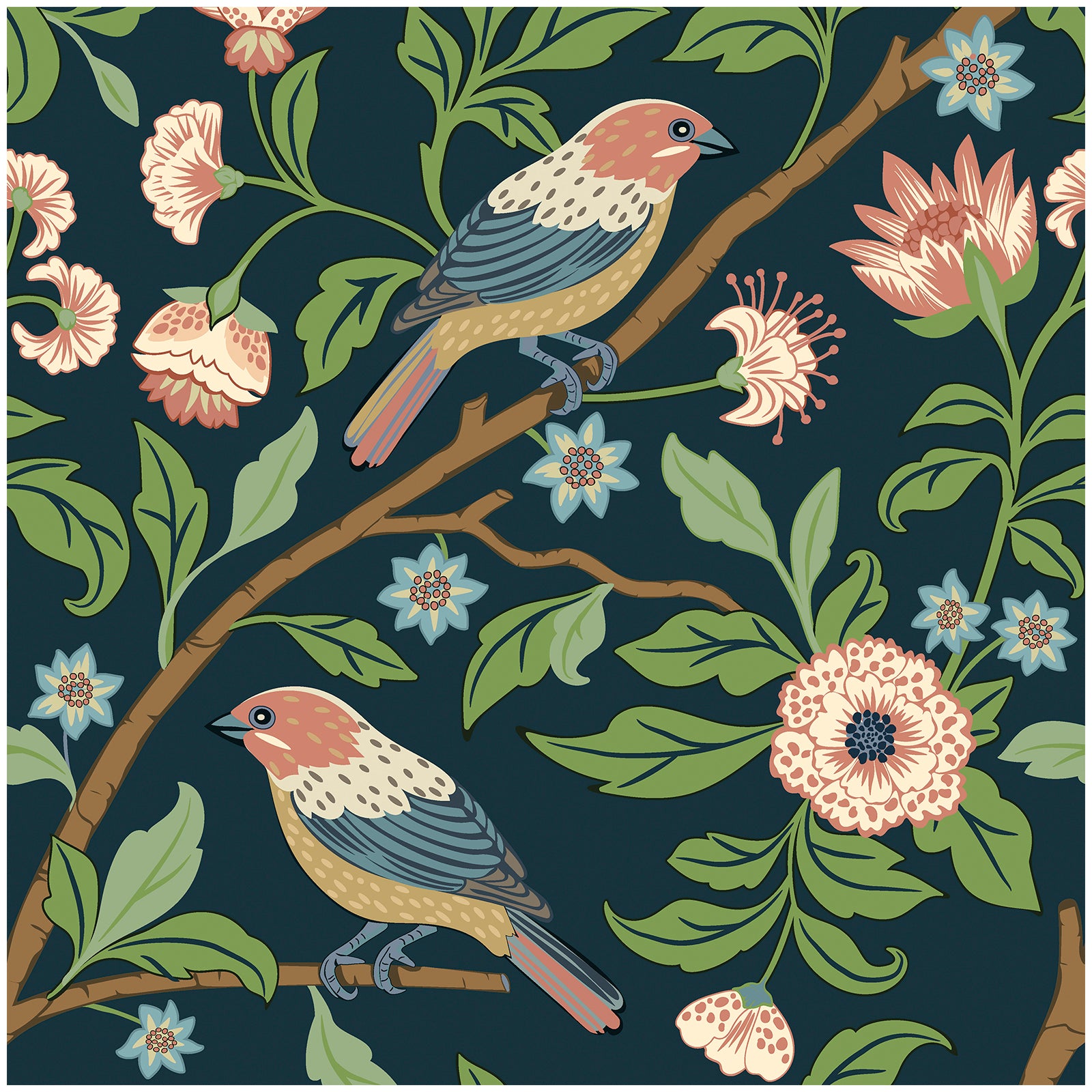 HaokHome Vintage Bird and Floral Wallpaper Dark Background with Birds, Branches, and Delicate Blooms