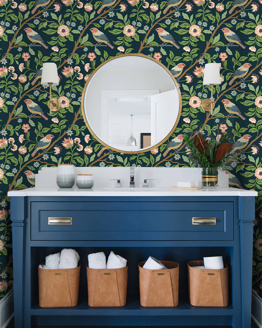 HaokHome Vintage Bird and Floral Wallpaper Dark Background with Birds, Branches, and Delicate Blooms