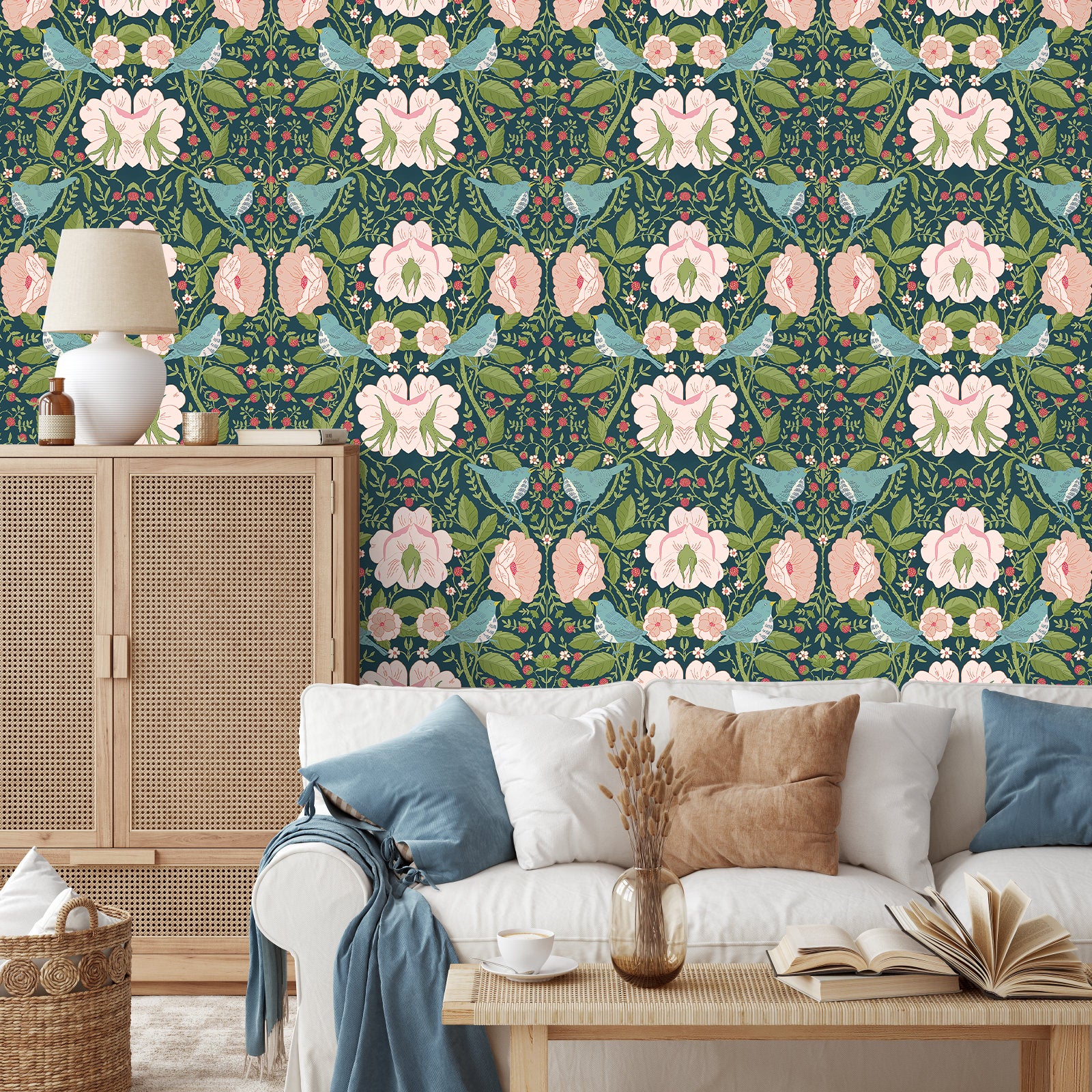 HaokHome Vintage Bird and Floral Wallpaper Elegant Teal Background with Birds, Flowers, and Berries
