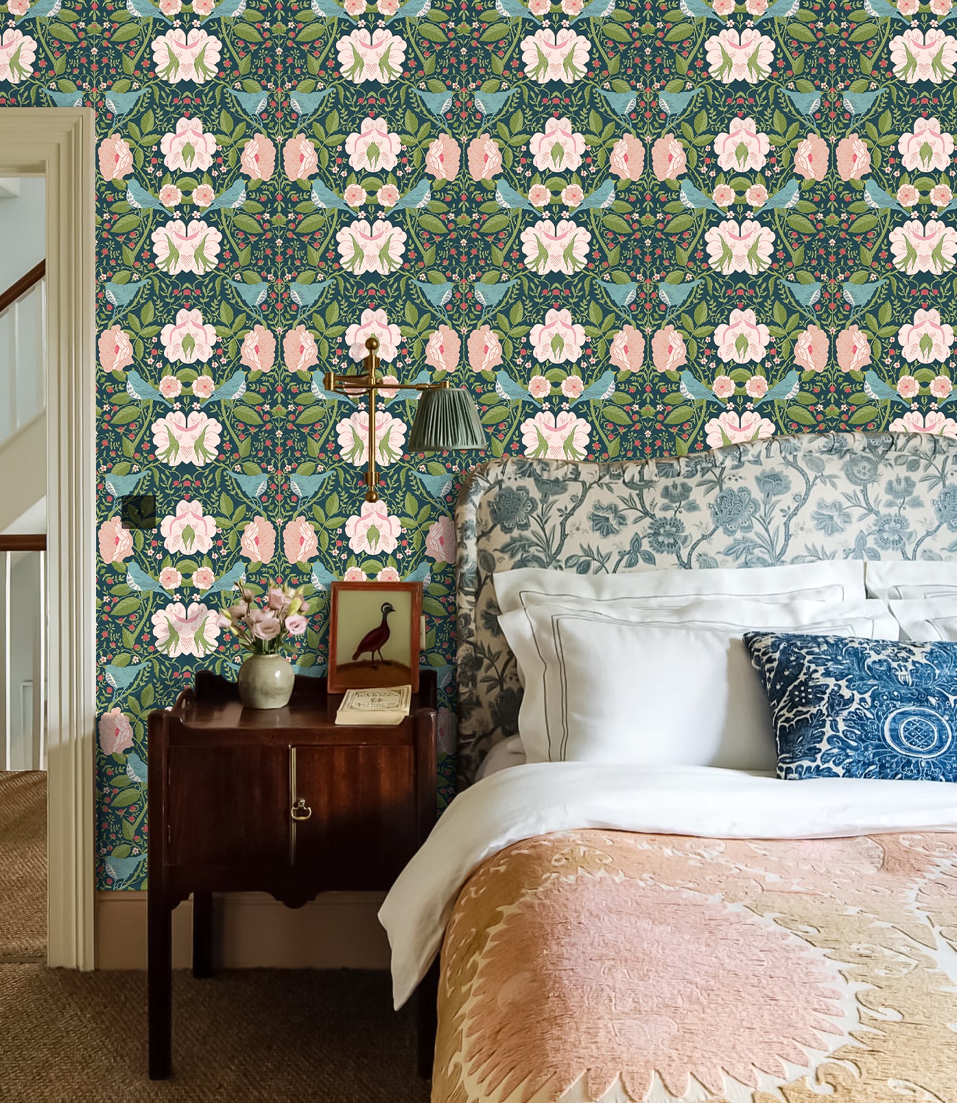 HaokHome Vintage Bird and Floral Wallpaper Elegant Teal Background with Birds, Flowers, and Berries