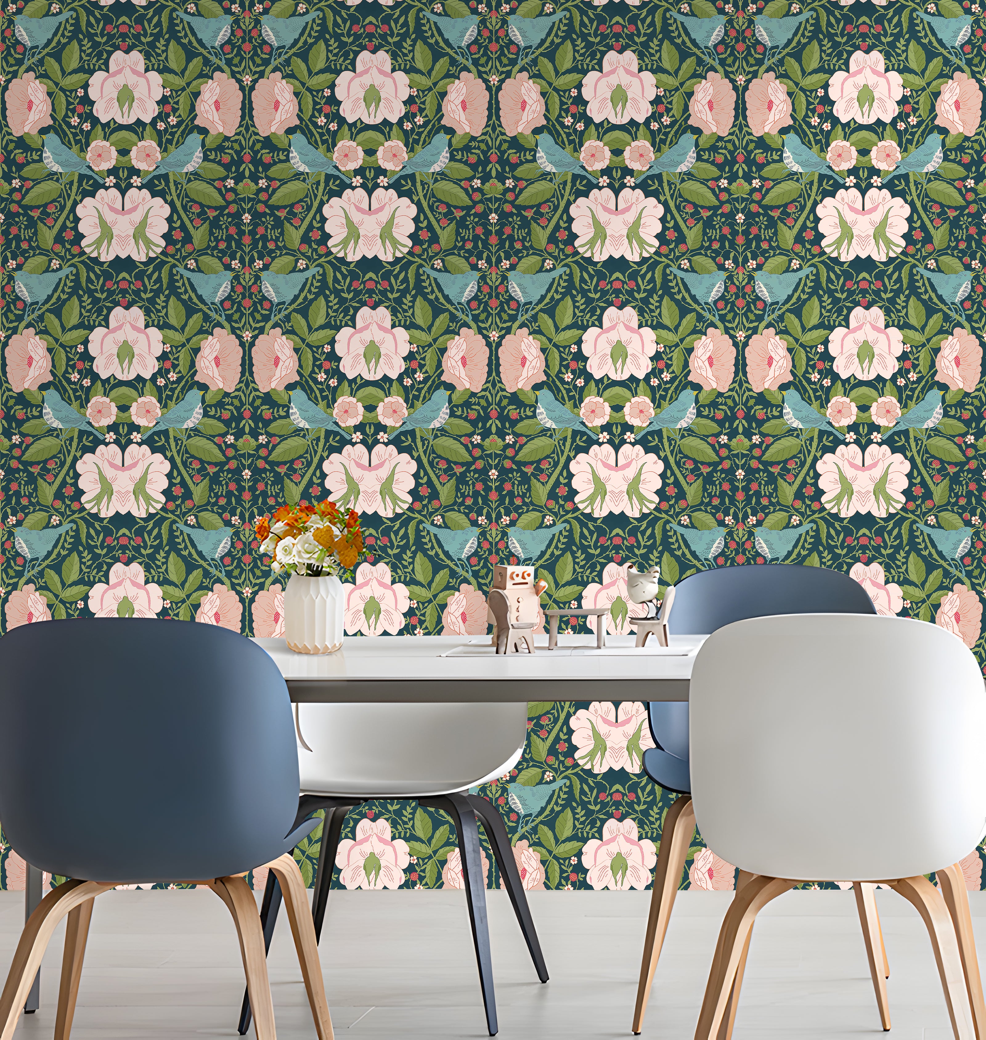 HaokHome Vintage Bird and Floral Wallpaper Elegant Teal Background with Birds, Flowers, and Berries