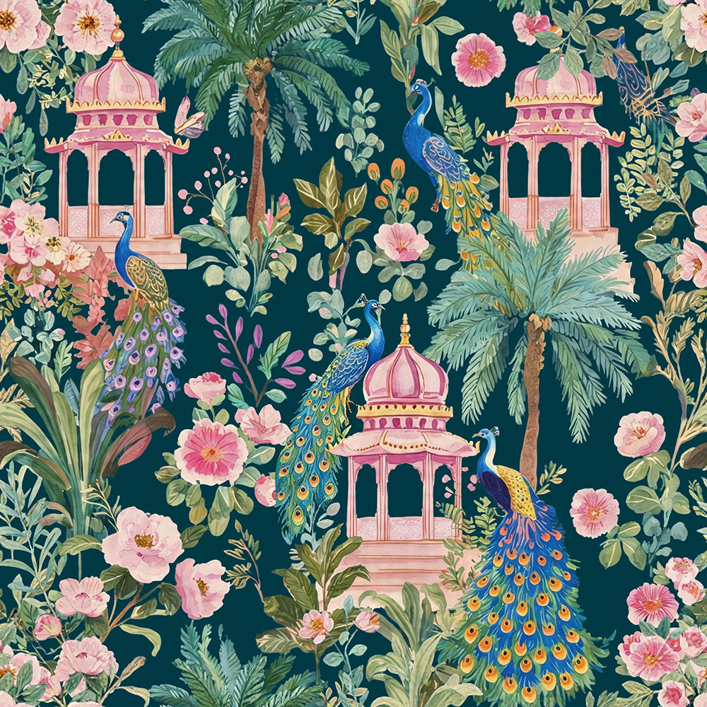 HaokHome Vintage Chinoiserie Garden Peel and Stick Wallpaper, Exotic Floral & Peacock Botanical Removable Self Adhesive Wallpaper with Pagoda Motif