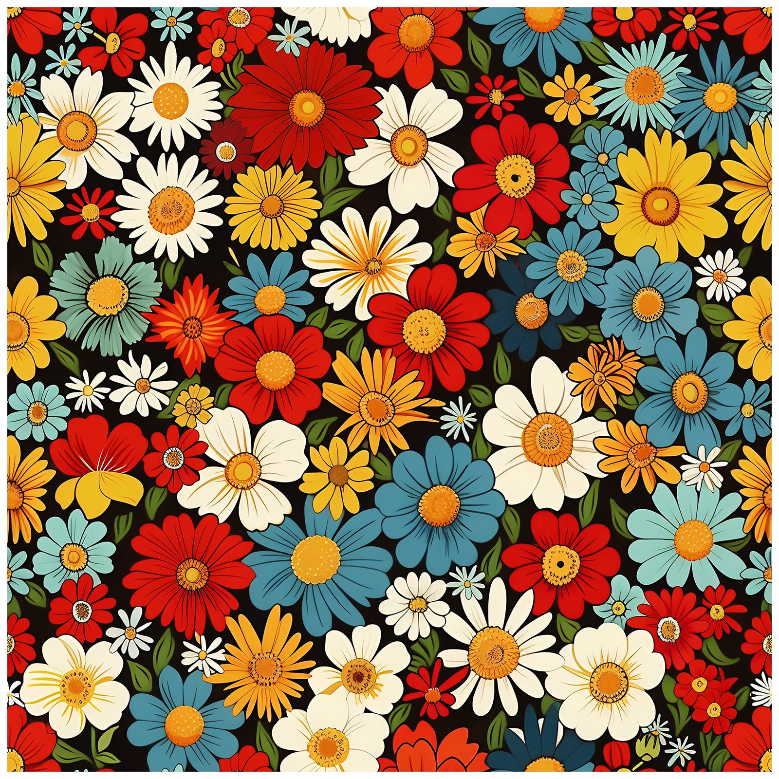 HaokHome Vintage Floral Wallpaper Bright Red, Yellow, and Blue Daisy Pattern on Black Background