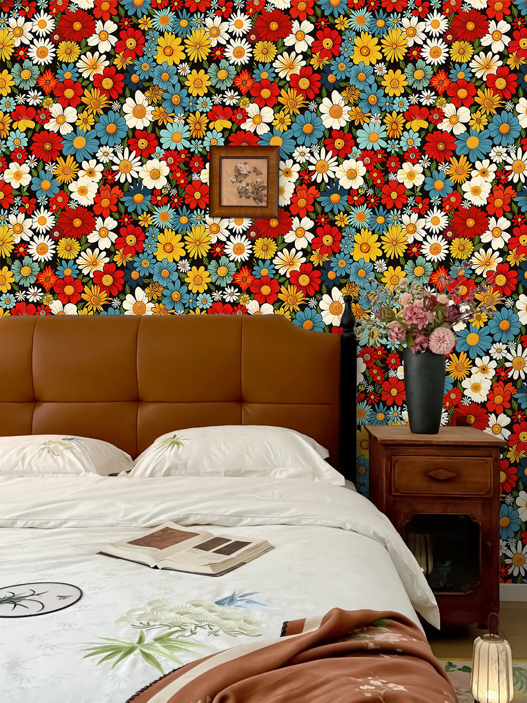 HaokHome Vintage Floral Wallpaper Bright Red, Yellow, and Blue Daisy Pattern on Black Background