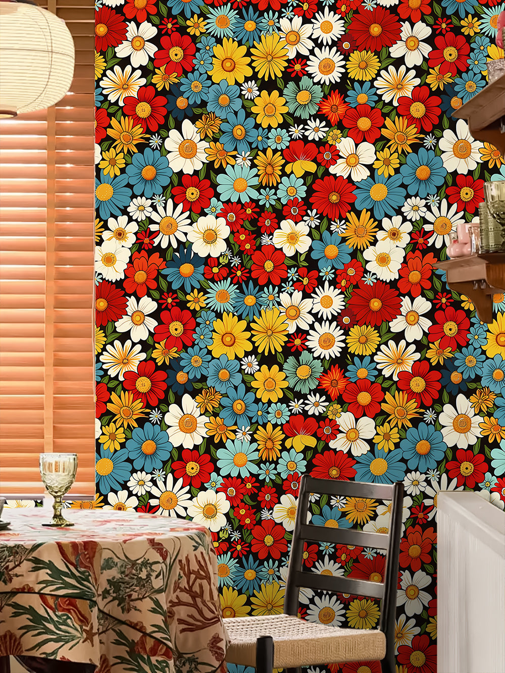 HaokHome Vintage Floral Wallpaper Bright Red, Yellow, and Blue Daisy Pattern on Black Background