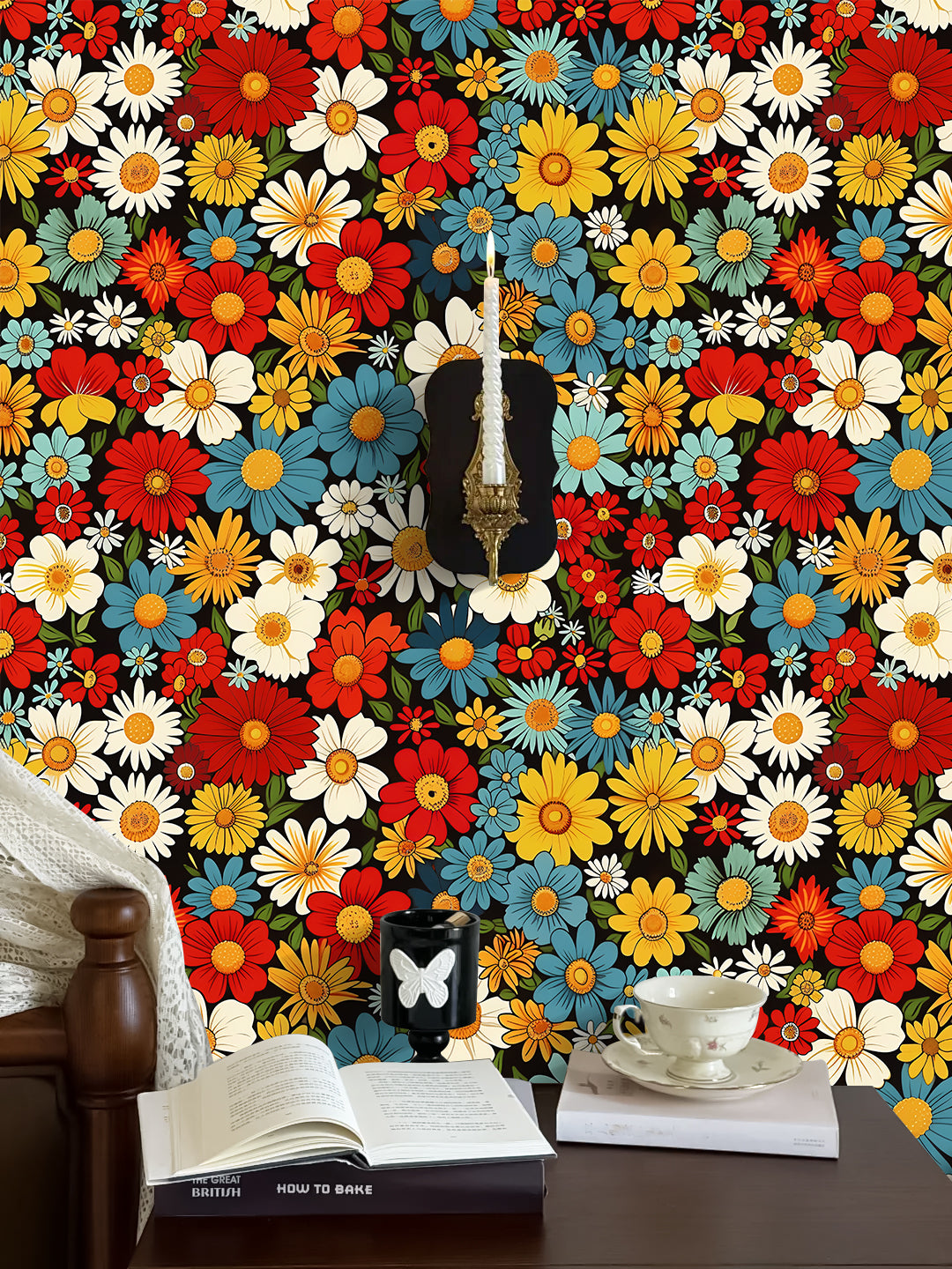 HaokHome Vintage Floral Wallpaper Bright Red, Yellow, and Blue Daisy Pattern on Black Background
