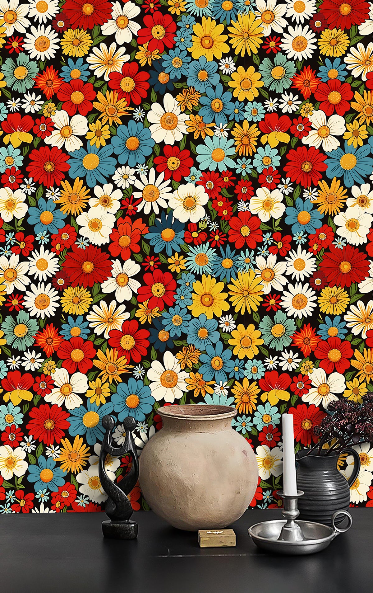 HaokHome Vintage Floral Wallpaper Bright Red, Yellow, and Blue Daisy Pattern on Black Background