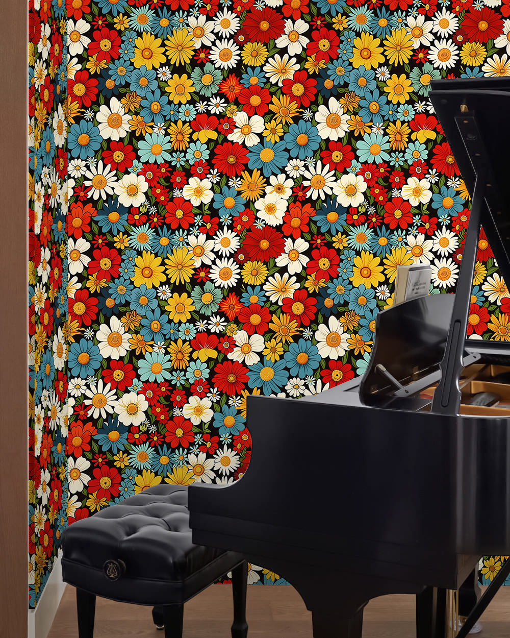 HaokHome Vintage Floral Wallpaper Bright Red, Yellow, and Blue Daisy Pattern on Black Background