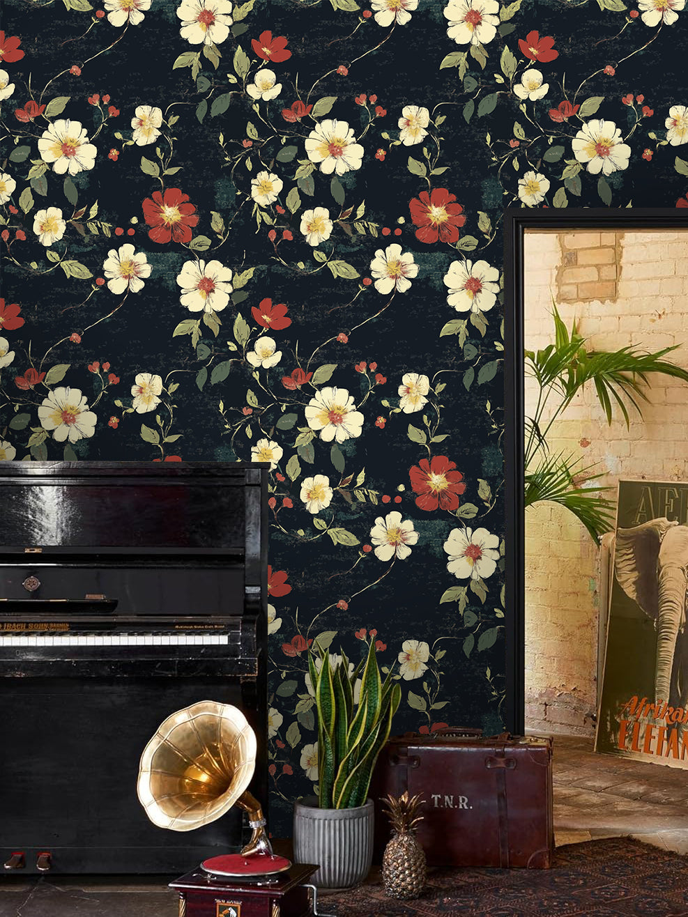 HaokHome Vintage Floral Wallpaper – Elegant Dark Floral Design with White and Red Blooms