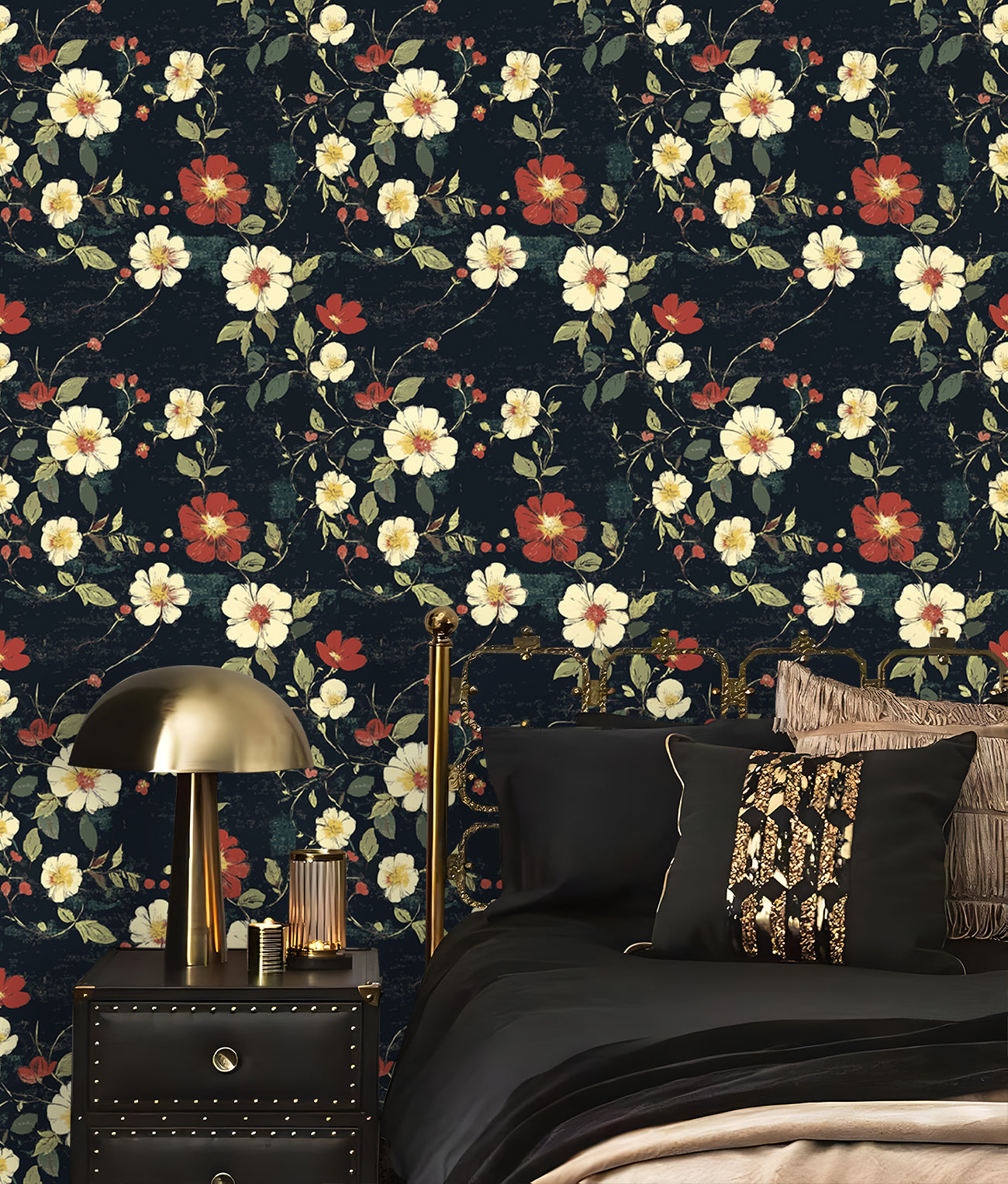 HaokHome Vintage Floral Wallpaper – Elegant Dark Floral Design with White and Red Blooms