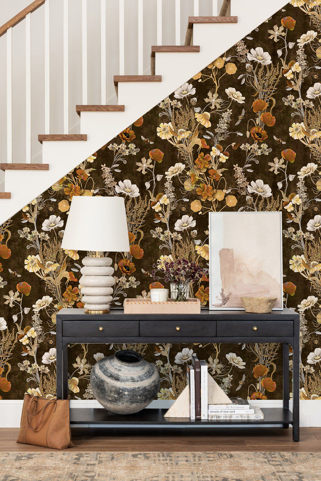 HaokHome Vintage Floral Wallpaper with Dark Brown Background Cozy Nature-Inspired Home Décor