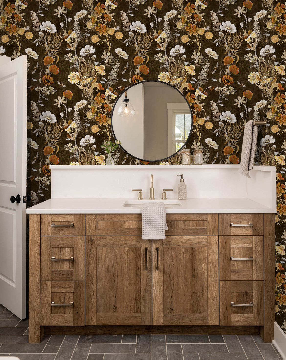 HaokHome Vintage Floral Wallpaper with Dark Brown Background Cozy Nature-Inspired Home Décor