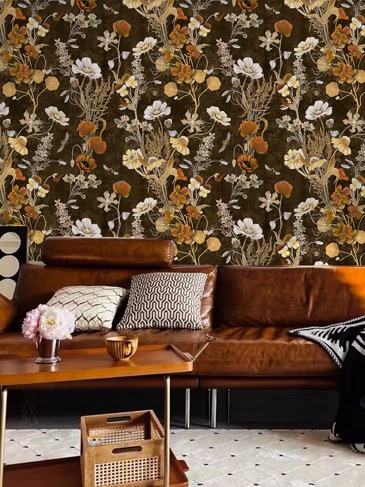 HaokHome Vintage Floral Wallpaper with Dark Brown Background Cozy Nature-Inspired Home Décor