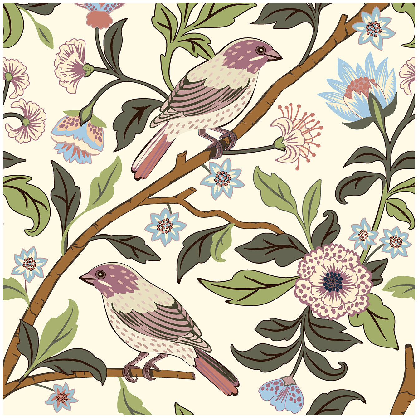HaokHome Vintage Floral and Bird Wallpaper Soft Beige Background with Birds and Branches