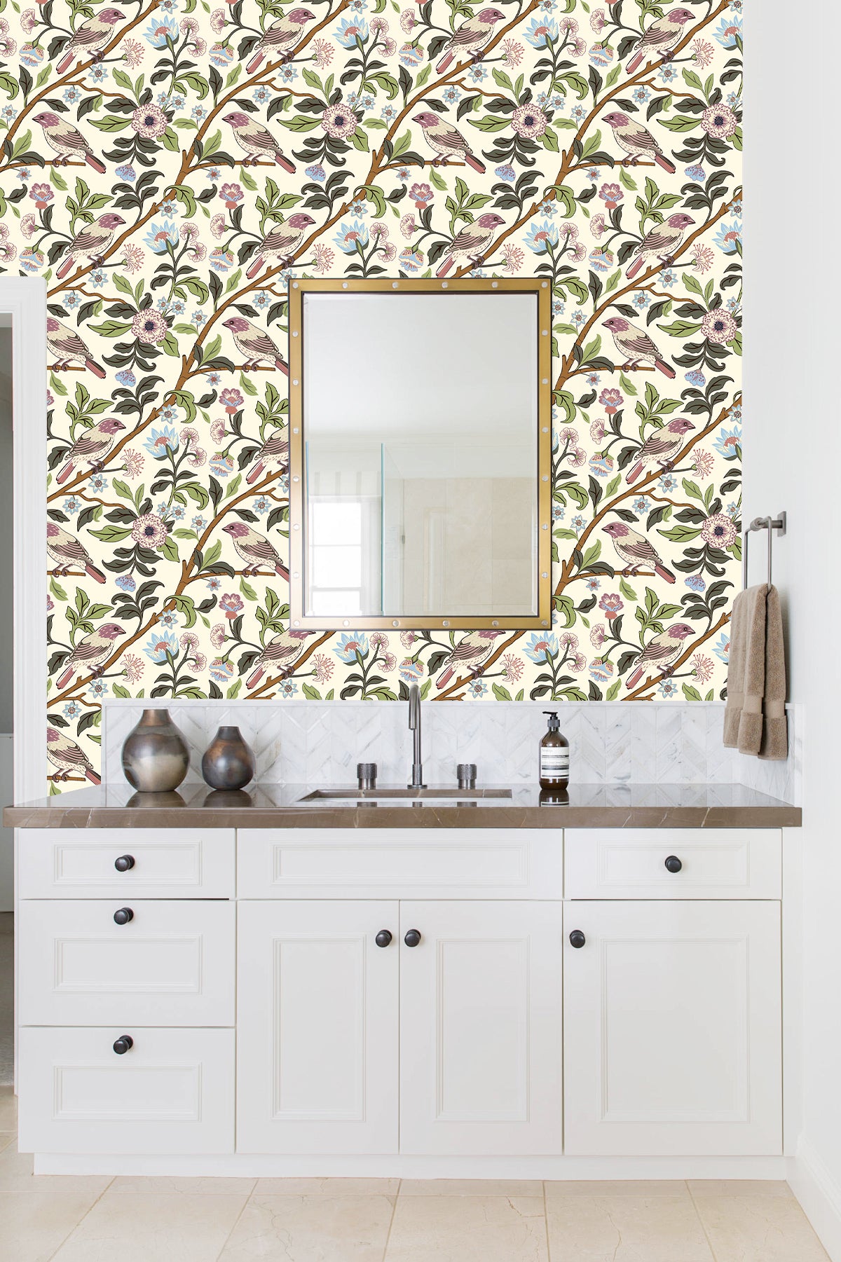 HaokHome Vintage Floral and Bird Wallpaper Soft Beige Background with Birds and Branches