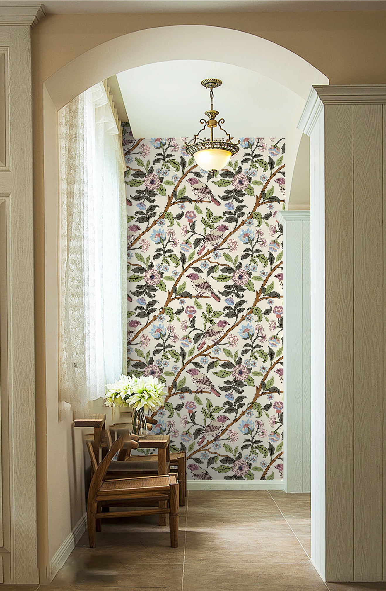 HaokHome Vintage Floral and Bird Wallpaper Soft Beige Background with Birds and Branches