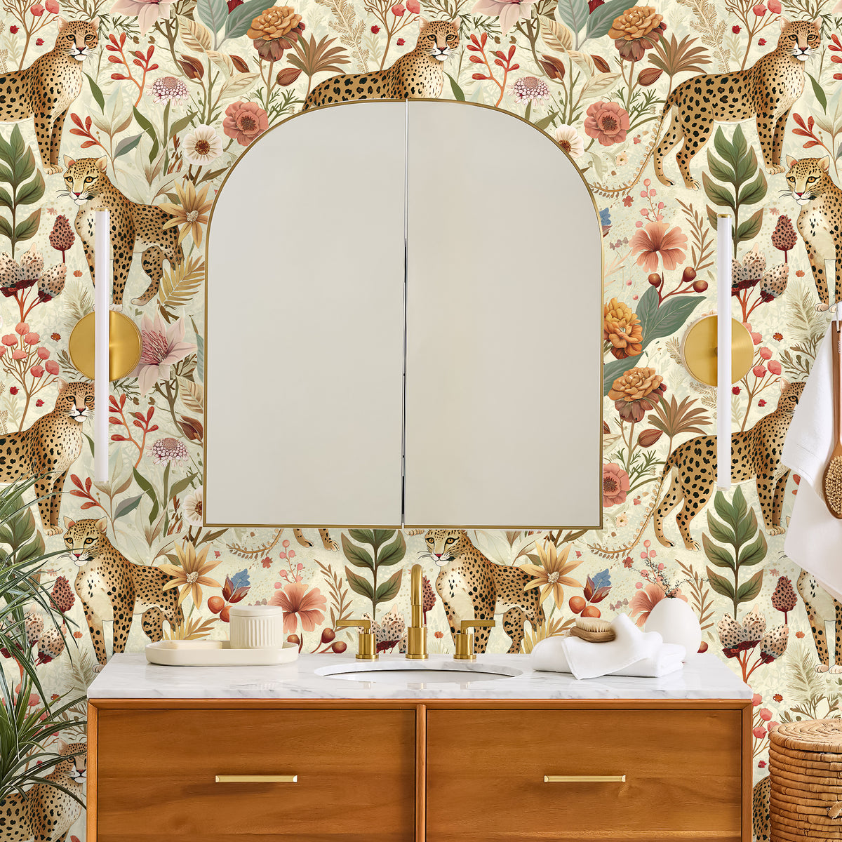 HaokHome Vintage Safari Floral Wallpaper in Bathroom Vanity Space