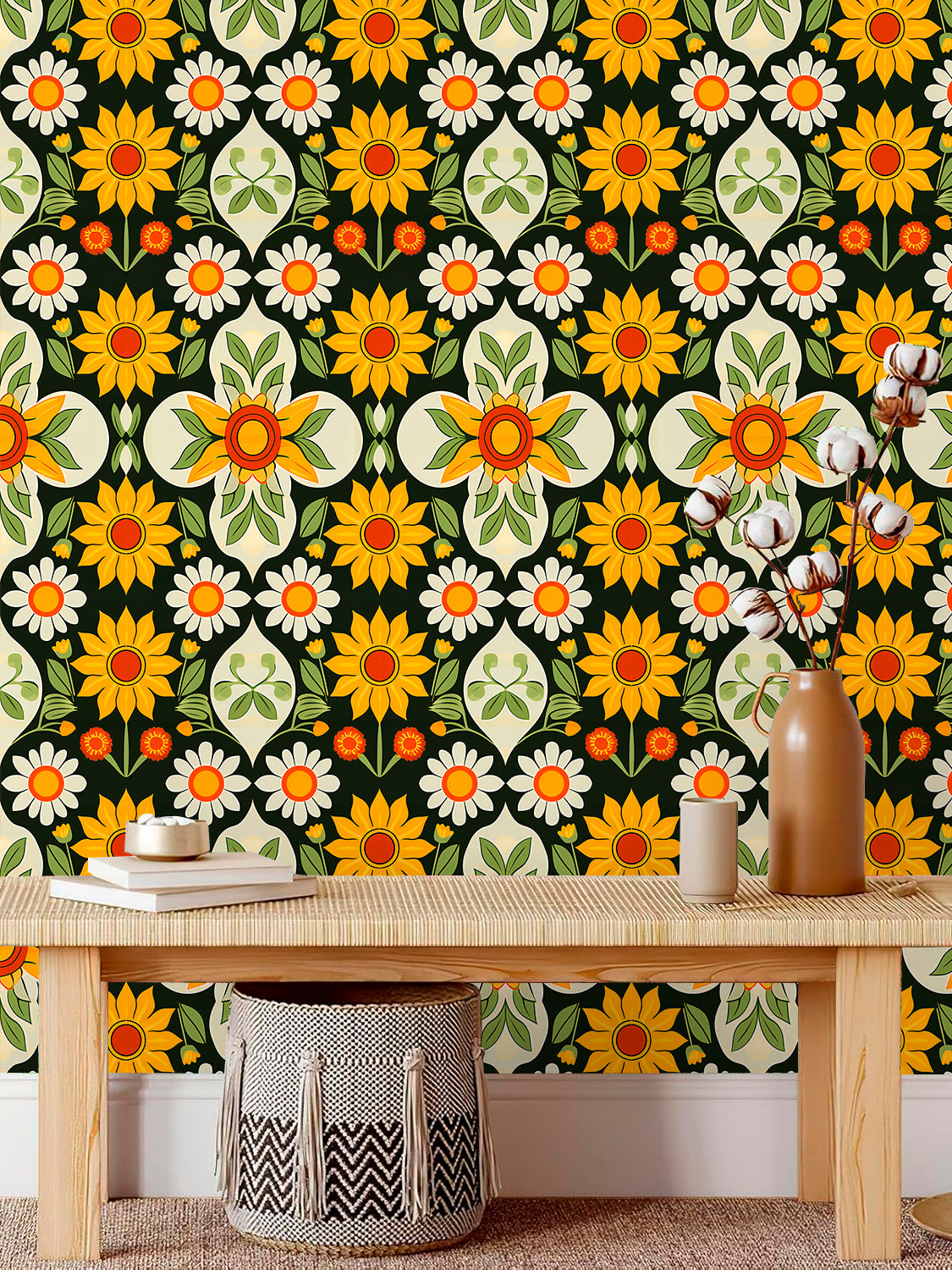 HaokHome Vintage Sunflower & Daisy Wallpaper Bright and Cheerful Floral Pattern