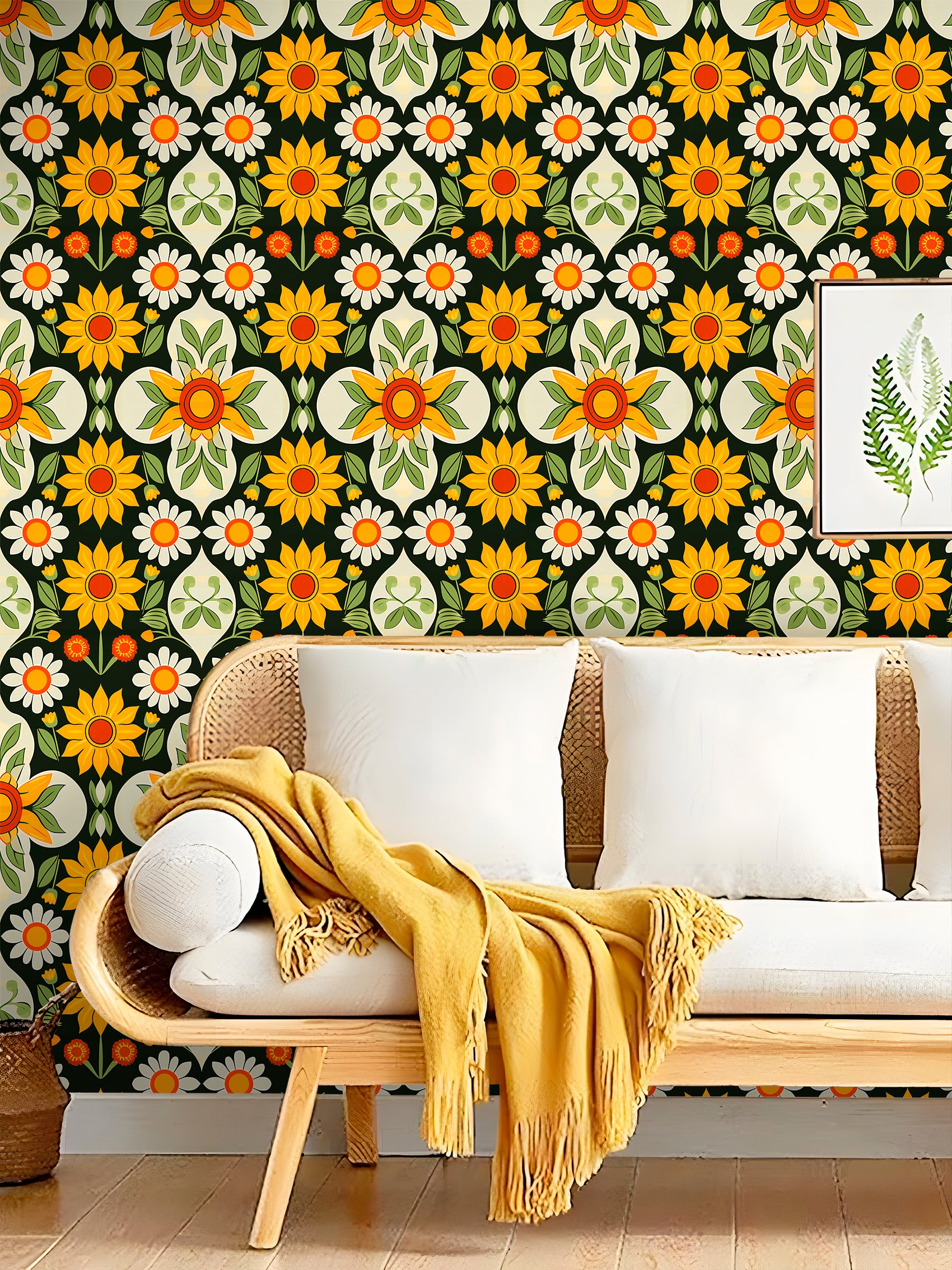HaokHome Vintage Sunflower & Daisy Wallpaper Bright and Cheerful Floral Pattern
