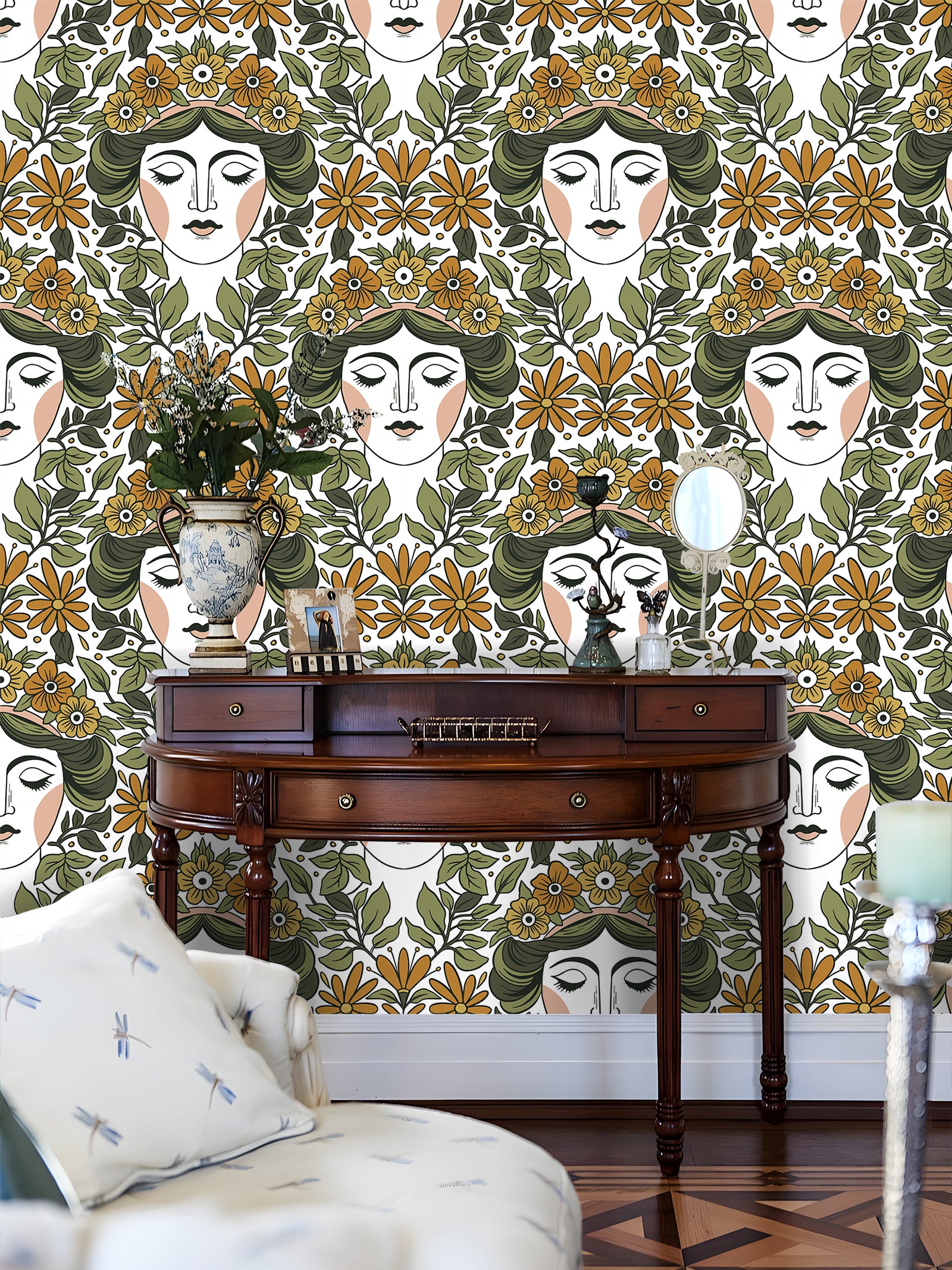 HaokHome Wallpaper Peel and Stick Art Nouveau Floral Goddess Green Mustard Retro Wall Decor Bedroom Living Room Bathroom Removable Mural