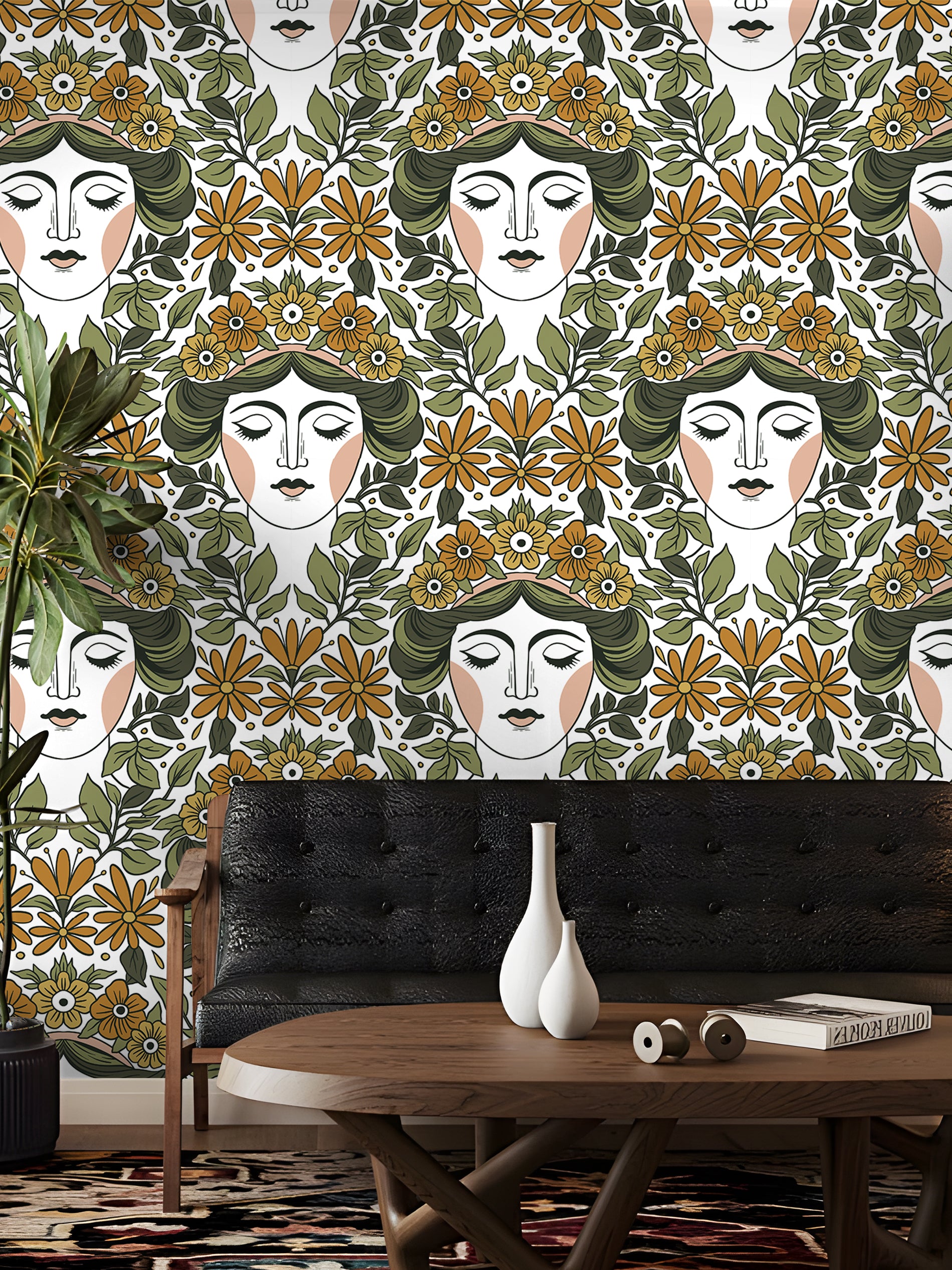 HaokHome Wallpaper Peel and Stick Art Nouveau Floral Goddess Green Mustard Retro Wall Decor Bedroom Living Room Bathroom Removable Mural