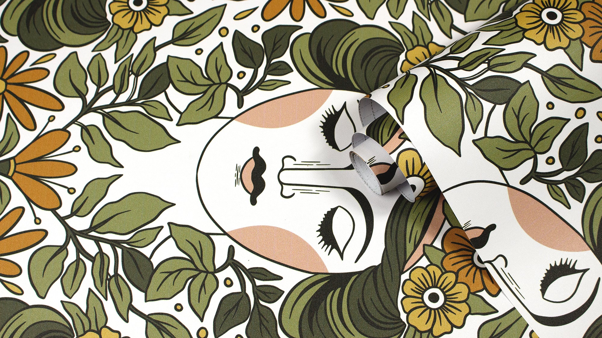 HaokHome Wallpaper Peel and Stick Art Nouveau Floral Goddess Green Mustard Retro Wall Decor Bedroom Living Room Bathroom Removable Mural